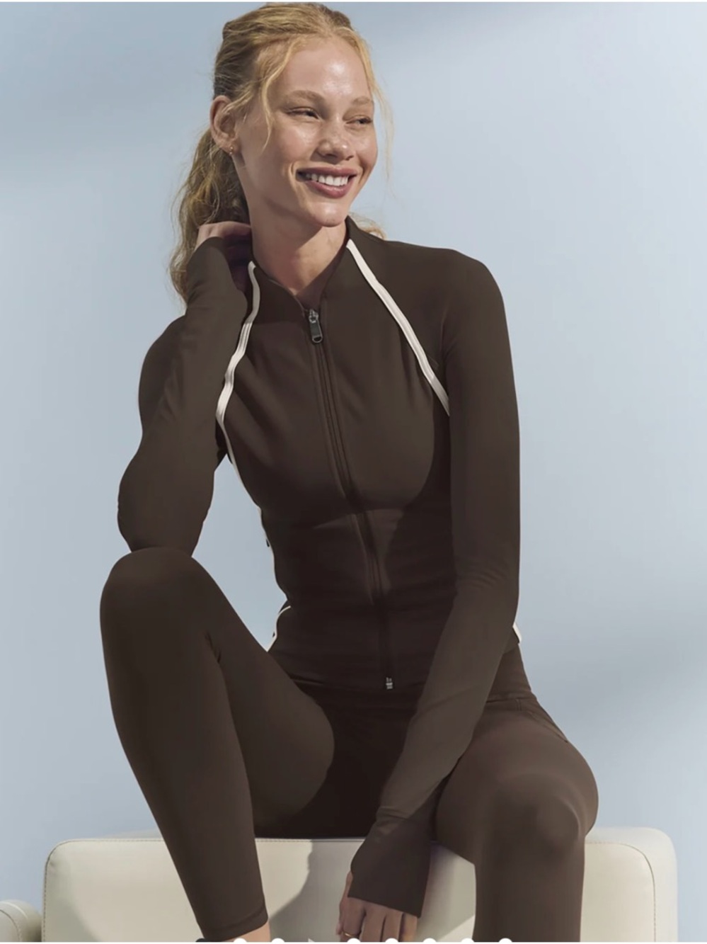 Athleta Brown Lightweight Zip-Up Jacket with White Piping Sz M